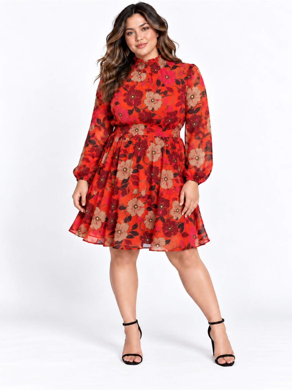 Torrid Size 12 Orange Floral Swiss Dot Smocked Waist Long Sleeve Dress NWT Boho